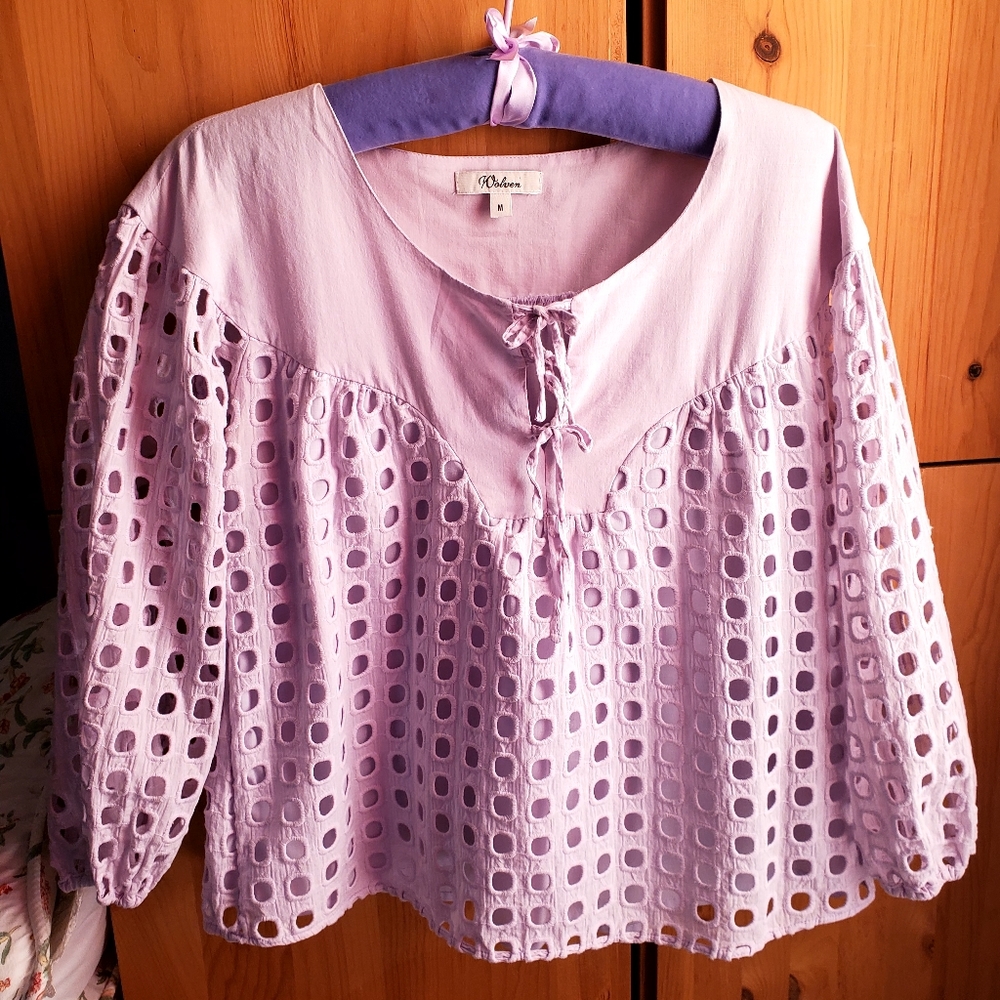 Wolven by Anthropologie Lilac Eyelet Lace Baby Doll Top Size Medium